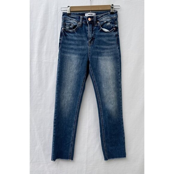 Mica Super Hi Rise Straight Leg Denim Jeans Mid-Wash Distressed Raw Hem Women 24 - Picture 4 of 16